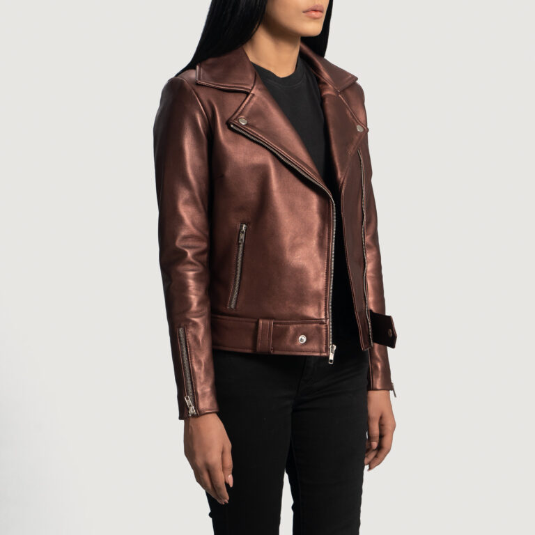 Womens Rumy Maroon Leather Biker Jacket Side Pose-3-1664352121527